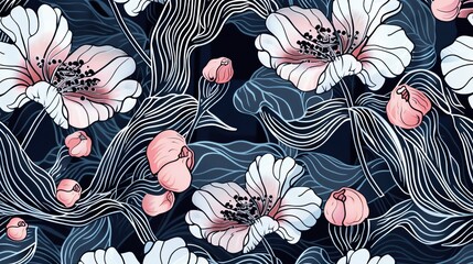 Black and white seamless pattern with pink flowers on blue background. Art nouveau style.