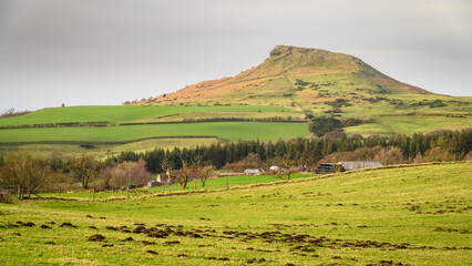 Farmland south of Roseberry Topping, which is a distinctive hill in North Yorkshire and is popular with walkers and ramblers