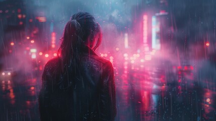 bioluminescent cyber girl standing in a cyberpunk city, rain, pink and blue