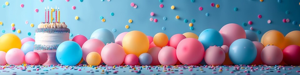 Fototapeta na wymiar colorful birthday cake with flying balloons