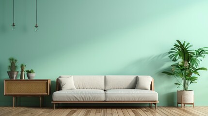 green mint wall with sofa & sideboard on wood floor-interior