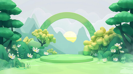 Fototapeta premium 3d summer podium with green grass and trees.