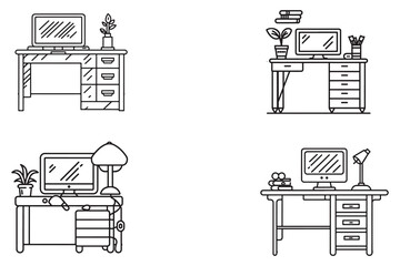 Computer table furniture outline vector on white background illustration