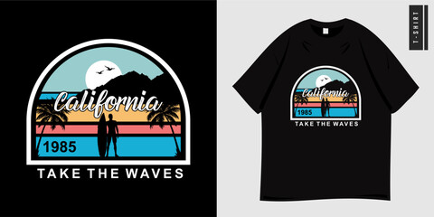 Summer California graphic t-shirt design. Vector illustration of sunset view with palm tree silhouettes and beach waves, island paradise. Suitable for holidays. Ready to print for clothes, tee, poster