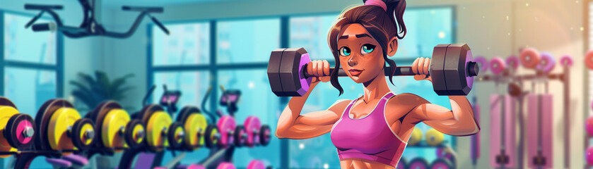 A cartoon character holding dumbbells in a gym setting - obrazy, fototapety, plakaty