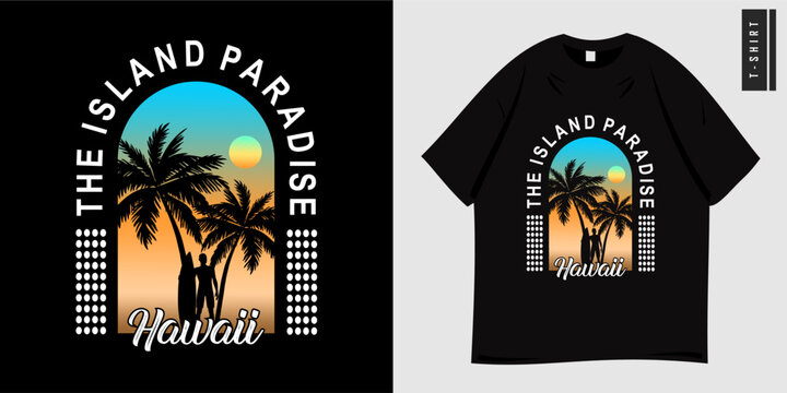 Summer California graphic t-shirt design. Vector illustration of sunset view with palm tree silhouettes and beach waves, island paradise. Suitable for holidays. Ready to print for clothes, tee, poster