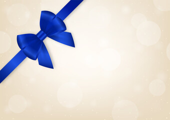 Blue Ribbon Bow on Golden Background for Christmas and New Year Event. Vector Illustration.