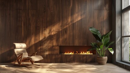 Three dimensional render of living room with single chair- potted plant- wall panels and fireplace