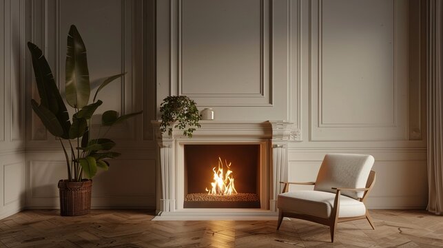 Three dimensional render of living room with single chair- potted plant- wall panels and fireplace
