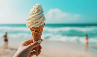 A girl's / woman's hand holding a soft ice cream in a cone with a beach / sea/ ocean blurred background with copy space