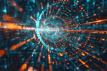 An intricate 3D animated depiction of a holographic data portal opening up to a digital world