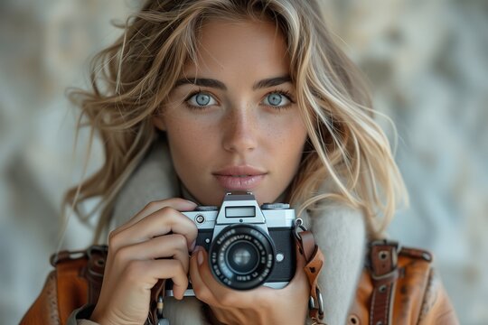Professional Woman Photographer Holds Camera, Fully Engaged in Her Work