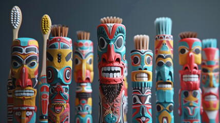 Electric toothbrushes and hairbrushes reimagined as totem poles - obrazy, fototapety, plakaty