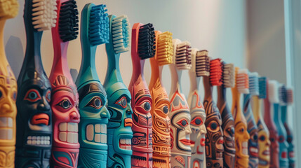 Electric toothbrushes and hairbrushes reimagined as totem poles - obrazy, fototapety, plakaty