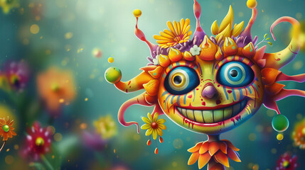 Create a whimsical cartoon character with exaggerated features and vibrant colors