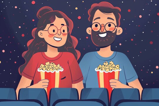 Happy couple watching movie in a cinema. Young man and woman with paper cups of popcorn laughing and having fun. Flat cartoon illustration.