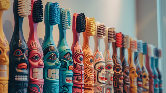 Electric toothbrushes and hairbrushes reimagined as totem poles