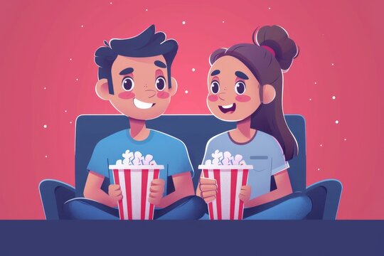 Happy couple watching movie in a cinema. Young man and woman with paper cups of popcorn laughing and having fun. Flat cartoon illustration.