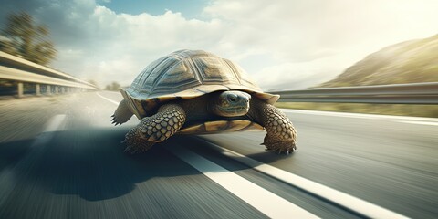 Super fast turtle running at high speed on the street between cars in strategy and innovation...