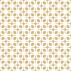 Vector golden geometric seamless pattern with curved shapes, floral grid. Simple gold and white ornament texture with flower silhouettes, leaves. Minimal abstract background. Luxury repeat geo design
