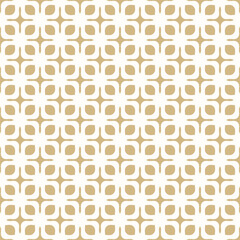 Vector golden geometric seamless pattern with curved shapes, floral grid. Simple gold and white ornament texture with flower silhouettes, leaves. Minimal abstract background. Luxury repeat geo design