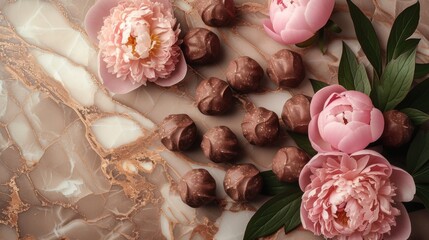 Fototapeta na wymiar Romantic, beautiful, delicate background with flowers and chocolate for Valentine's Day, birthday, wedding. Spring background with flowers.