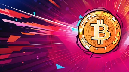 Abstract neon background with gold bitcoin coin, crypto trading investment success concept, banner, copy space