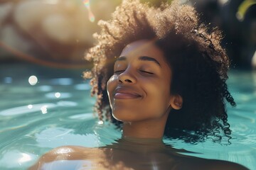 happy beautiful young african woman relaxing in hot spring pool in the morning - obrazy, fototapety, plakaty