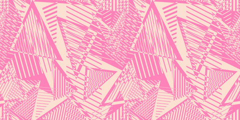 Vector abstract seamless pattern. Urban art texture with chaotic shapes, triangles, lines, stripes. Trendy sport style background. Simple hot pink repeated design. Grungy sporty girlish pattern