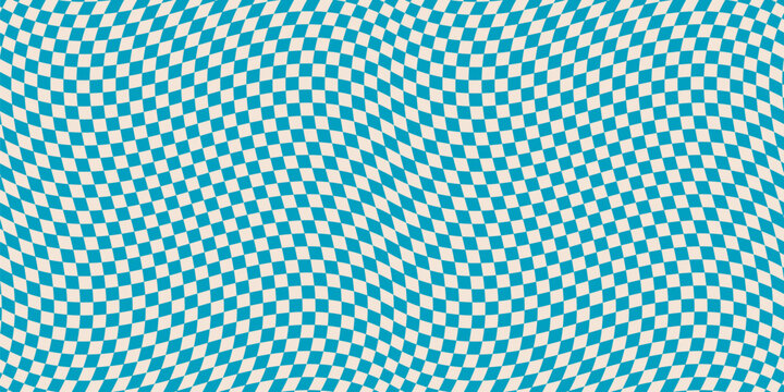 Checkered seamless pattern with optical illusion effect. Simple abstract vector background. Groovy distorted texture. Op art illustration. Repeated geometric design. Retro style, turquoise and beige