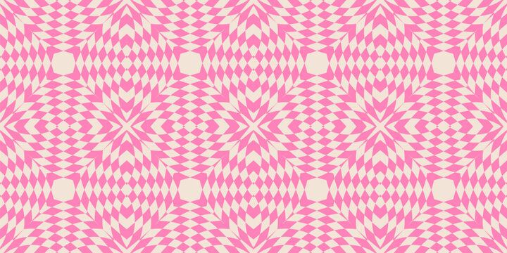 Vector seamless pattern with optical illusion effect, kaleidoscope. Abstract checkered ornament texture. Retro style funky background. Hot pink color. Trendy repeated design for decor, print, package