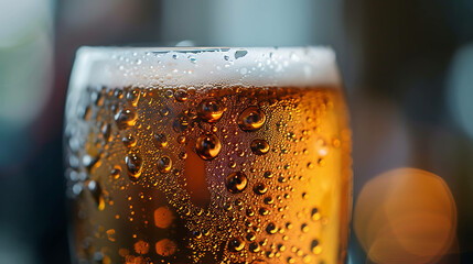 refreshing draft beer with condensation on the glass - obrazy, fototapety, plakaty