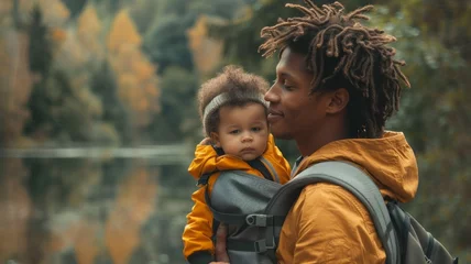 Selbstklebende Fototapeten Close-up side portrait of a young black man with a baby in a kangaroo carrier outdoors. Happy African American father carrying his little baby on a walk in autumn park. Family love concept. © Fat Bee