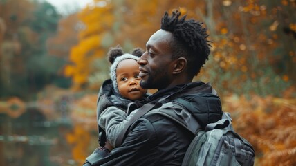 Close-up side portrait of a young black man with a baby in a kangaroo carrier outdoors. Happy African American father carrying his little baby on a walk in autumn park. Family love concept. - obrazy, fototapety, plakaty