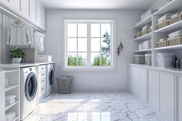 The epitome of organization and elegance in a beautiful white laundry room, viewed from the front, showcasing cleanliness and order