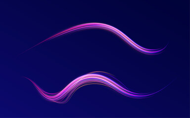 Acceleration speed motion on night road. Illustration of light ray, stripe line with blue light, speed motion background. Glitter blue wave light effect.	
