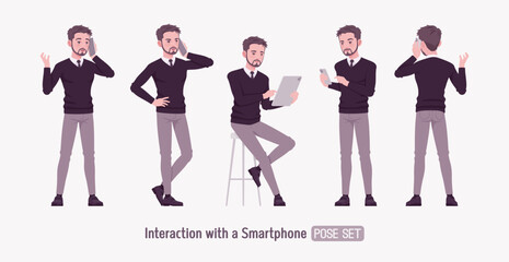 Young businessman, handsome man formal outfit set, smartphone use pose. Smart business office V-neck pullover sweater, tie, white shirt collar, grey costume pants, classic shoes. Vector illustration