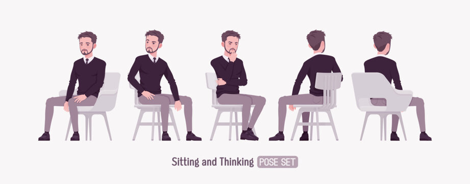 Young businessman, cute handsome man, formal outfit set, chair sit poses. Smart business office V-neck pullover sweater, tie, white shirt collar, grey costume pants, classic shoes. Vector illustration