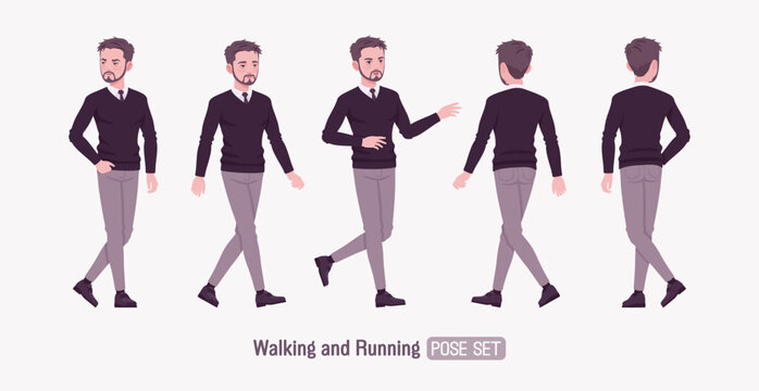 Young businessman, cute handsome man in formal outfit set, walking pose. Smart business office V-neck pullover sweater, tie, white shirt collar, grey costume pants, classic shoes. Vector illustration