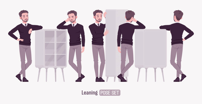 Young businessman, cute handsome man, formal outfit set, leaning poses. Smart business office V-neck pullover sweater, tie, white shirt collar, grey costume pants, classic shoes. Vector illustration