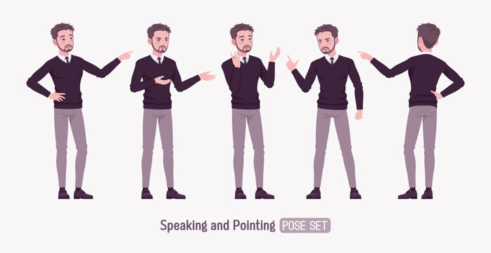 Young businessman, cute handsome man formal outfit set, talk, point pose. Smart business office V-neck pullover sweater, tie, white shirt collar, grey costume pants, classic shoes. Vector illustration