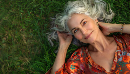Naklejka premium Happy Healthy Older Woman Smiling Lying Relaxing on Grass. Golden Years Bliss. Silk Dress. Joyful Retirement.