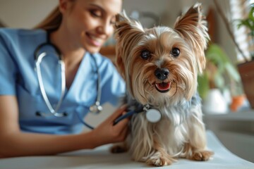 Smiling positive female veterinarian examining a dog in a veterinary clinic. Doctor examines a cute Yorkshire terrier using a stethoscope. Selective focus on a dog.