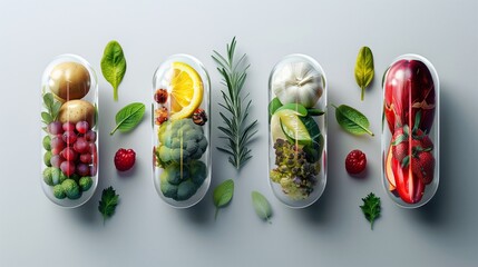 A transparent capsule brimming with essential multivitamins and dietary supplements, encircled by an assortment of vibrant, fresh vegetables and fruits, symbolizes a healthy lifestyle, AI Generative - obrazy, fototapety, plakaty
