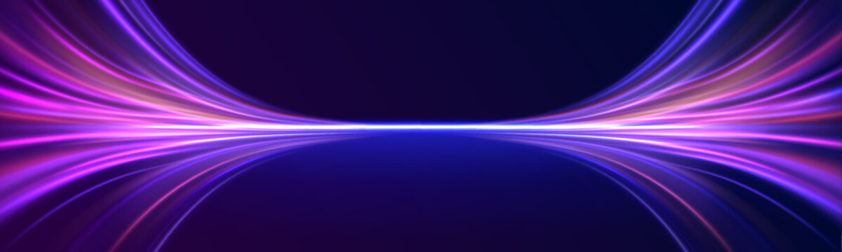 Abstract image of speed motion on the road. Vector glitter light fire flare trace. Expressway, the effect of car headlights. Low-poly construction of fine lines. 