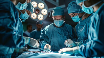 Group of surgeons focused on a procedure in a well-equipped operating room with advanced medical lighting. - obrazy, fototapety, plakaty