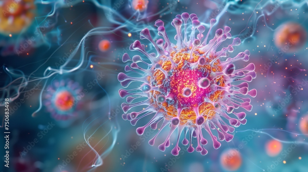 Aufkleber virus particle. a highly detailed microscopic visualization of a single virus particle in vibrant co