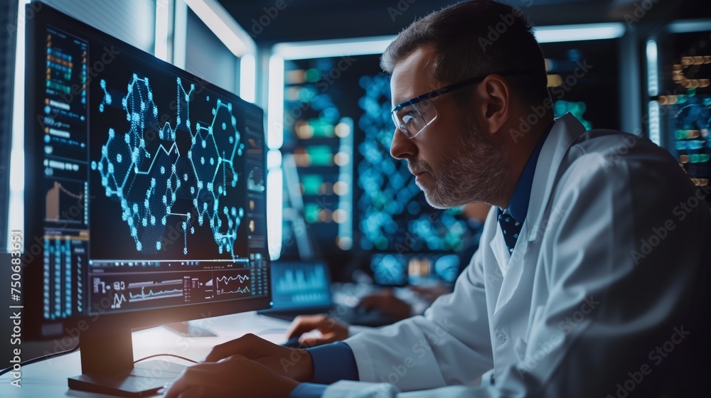 Poster medical researchers analyzing data on a computer screen, focus on graphs and molecular structures.