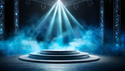Obraz premium illuminated stage with blue lights and smoke on black background