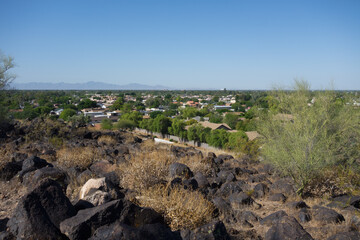 North-West side of Valley of the Sun looking at Arizona cities of Phoenix and Glendale Vision Hills hiking trails; copy space
